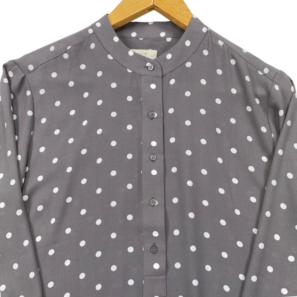 Loft‎ Outlet Blouse Womens Medium Grey Polka Dot Smocked Cuff Ruffle Top Wicking
